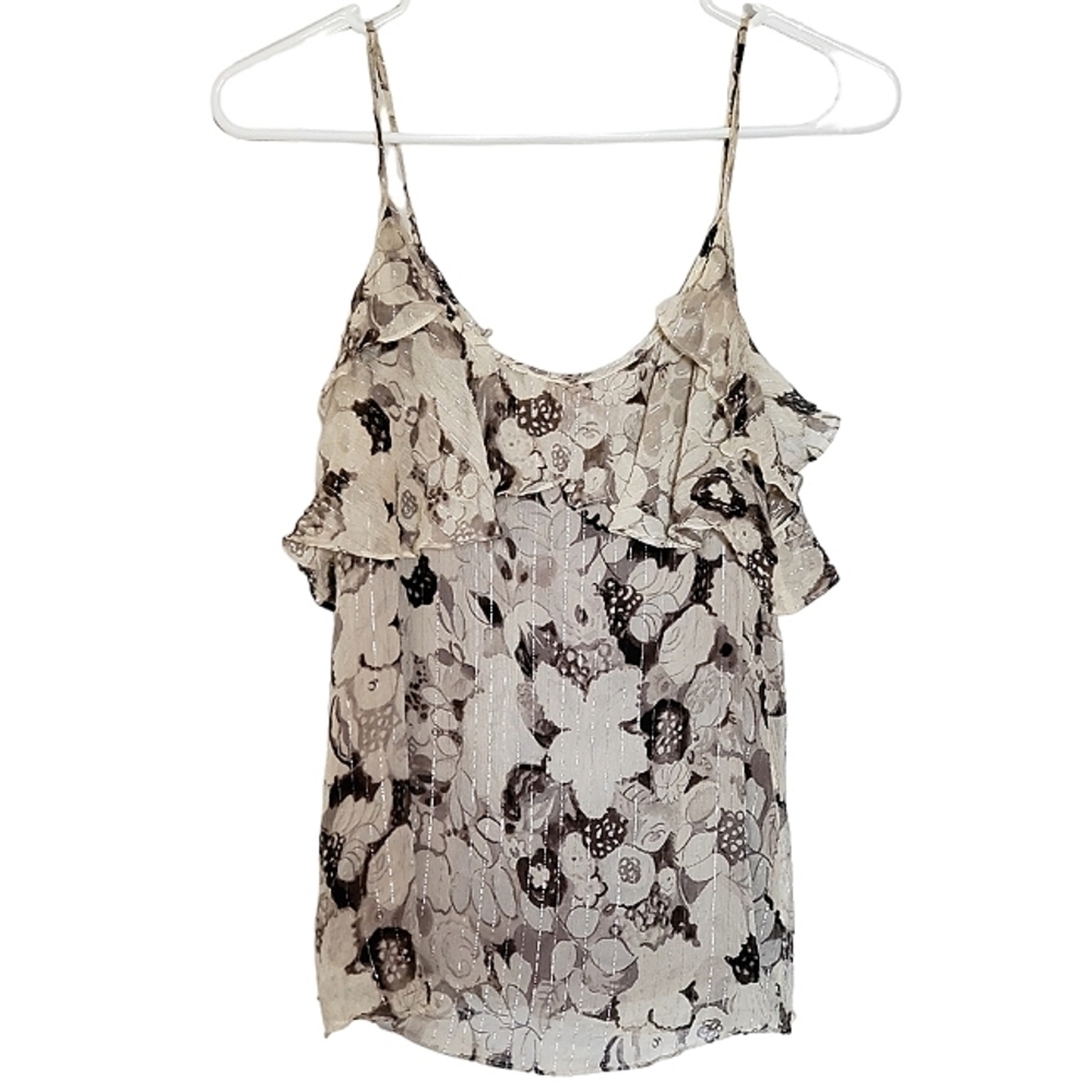 1149 * Rebecca Taylor Metallic Floral Silk Blend Tank Gray Cream Black Size 4